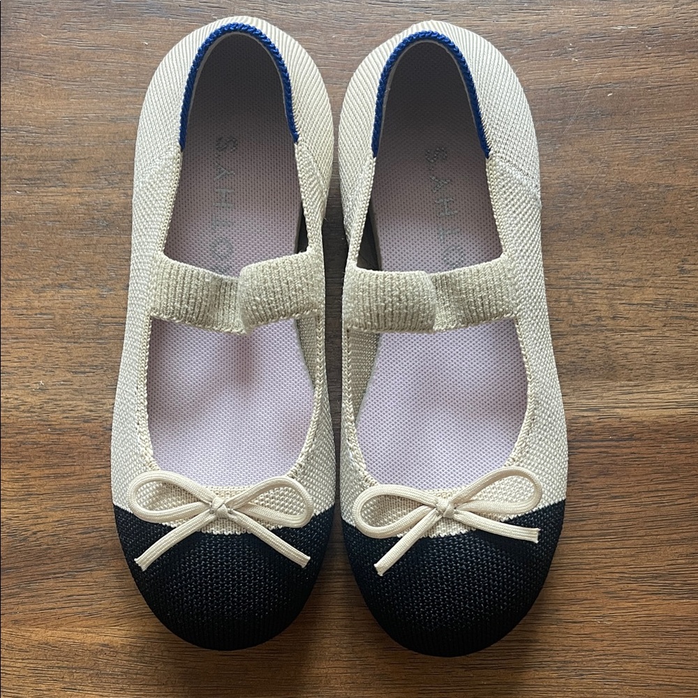 ROTHY’S Kids Cream and Black Mary Jane Flats